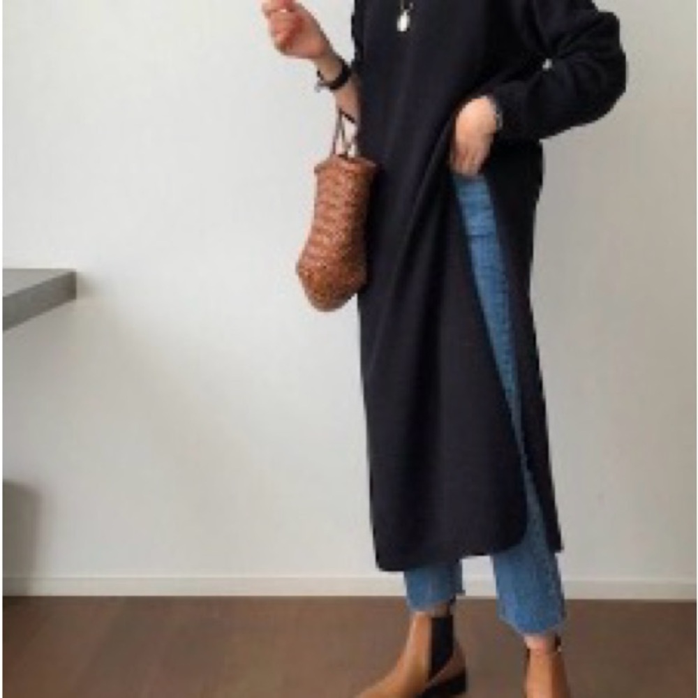 Black Long Split-Side Knit Tunic Dress - Unbranded